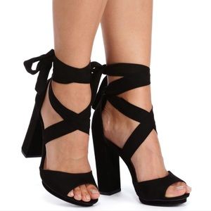 Black suede wrap around heels